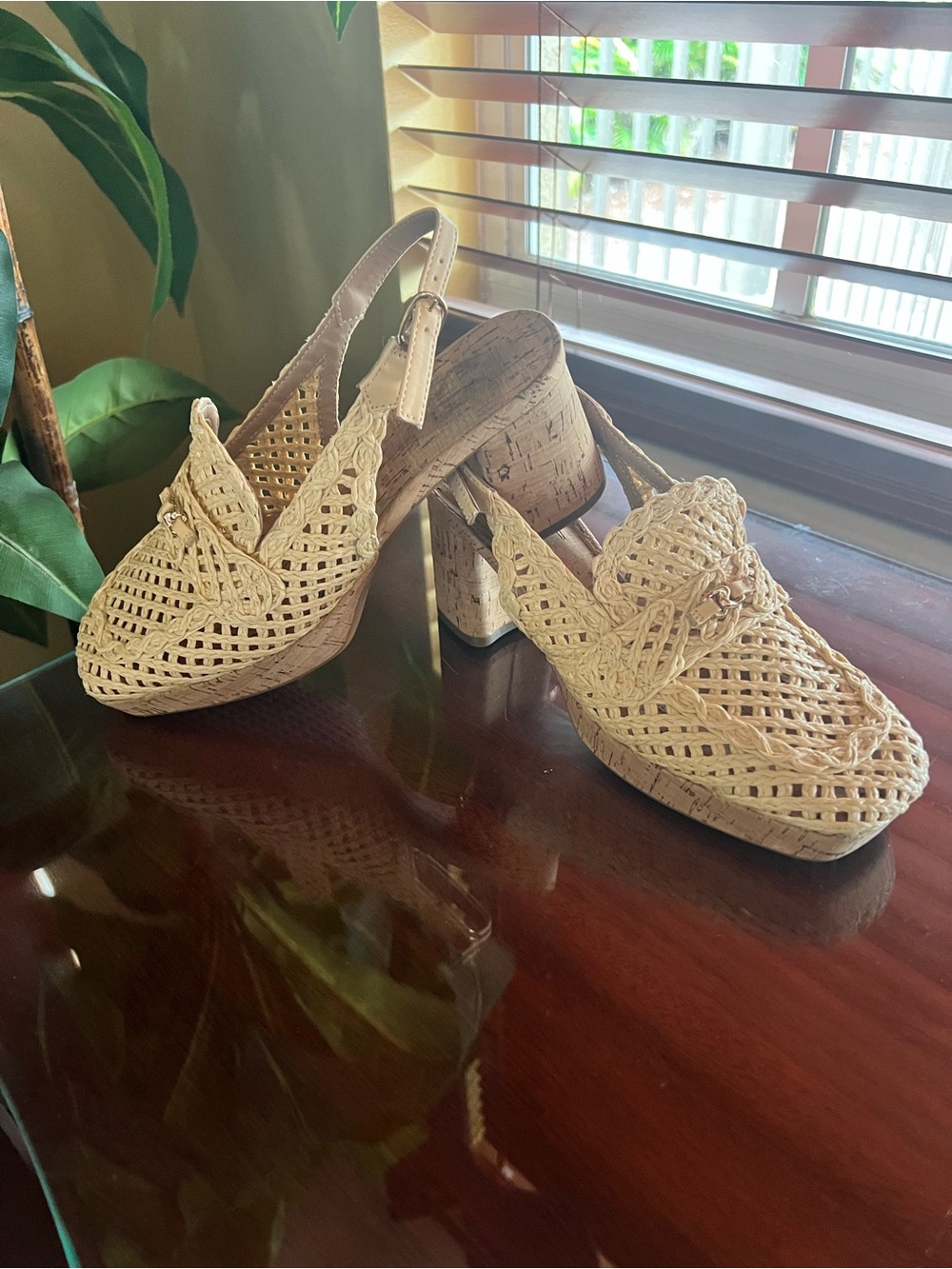 Woven Slingback Block Heels in Natural